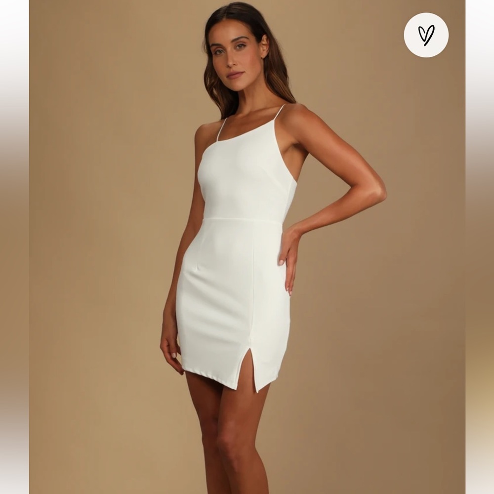 Lulu’s Party for Two Ivory Asymmetrical Bodycon Mini Dress, white, size large